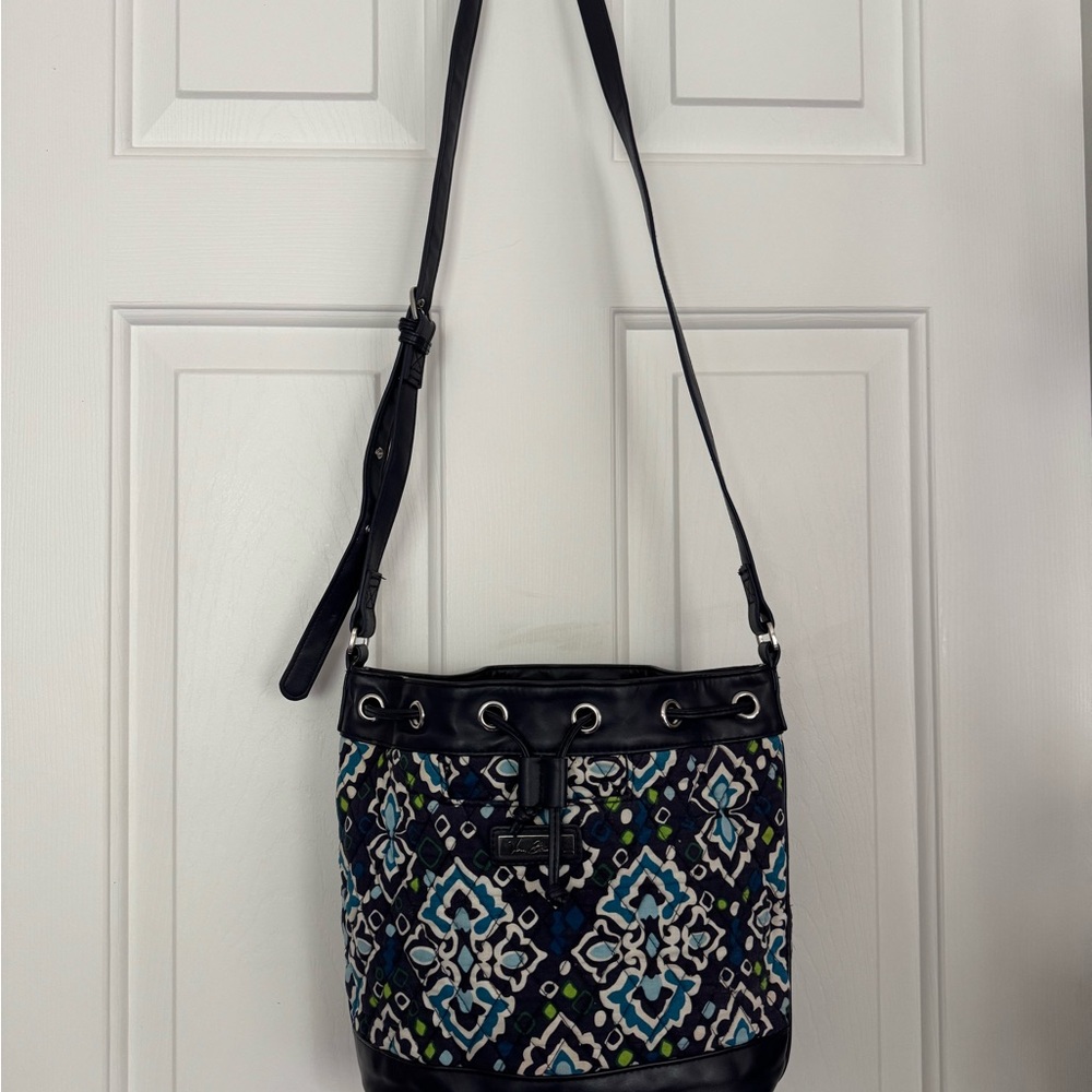 Vera Bradley Blue Patterned Crossbody Bucket Bag with Drawstring